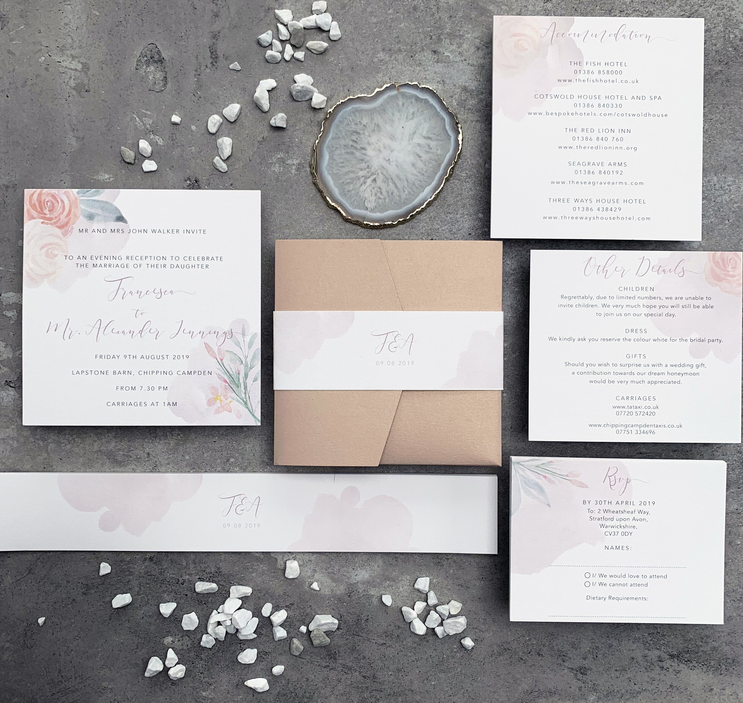Blush Floral Wedding Invitation Suite with Nude Pocket Fold