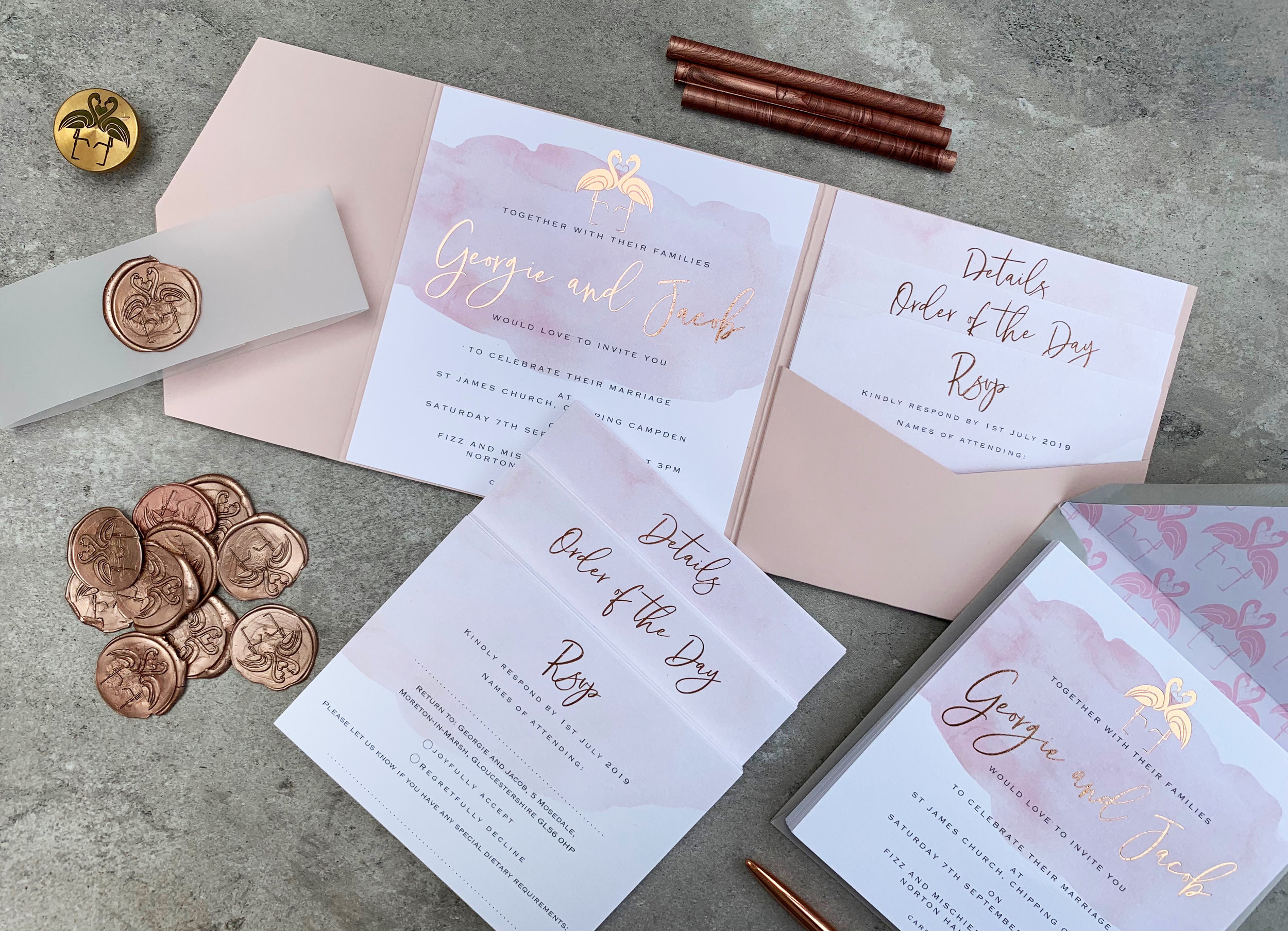 Blush and Rose Gold Foiled Pocket Fold Invitations with Wax stamp and Vellum belly band