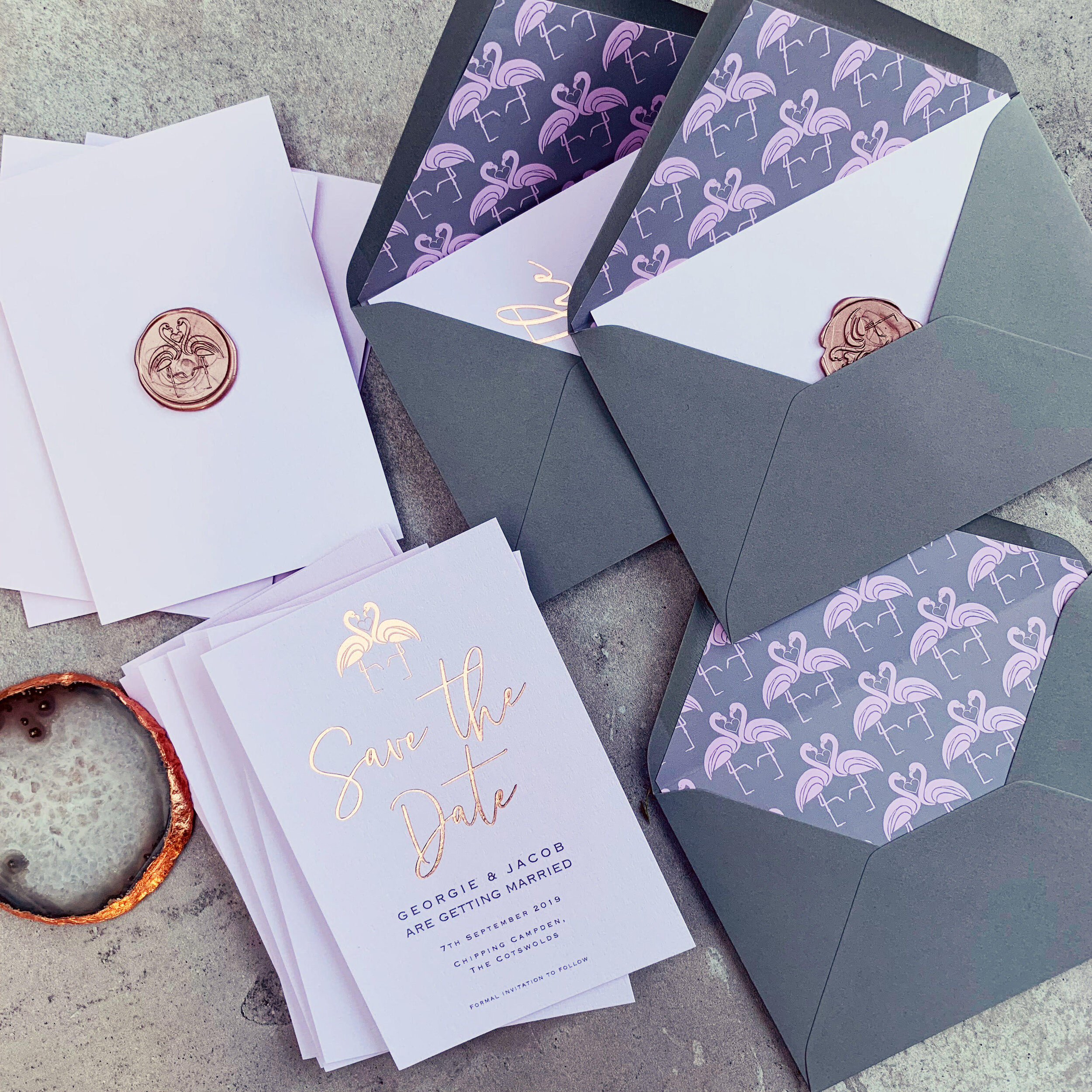 Flamingo Blush and Rose Gold Save the Date with Wax Stamp and Flamingo Envelope liners