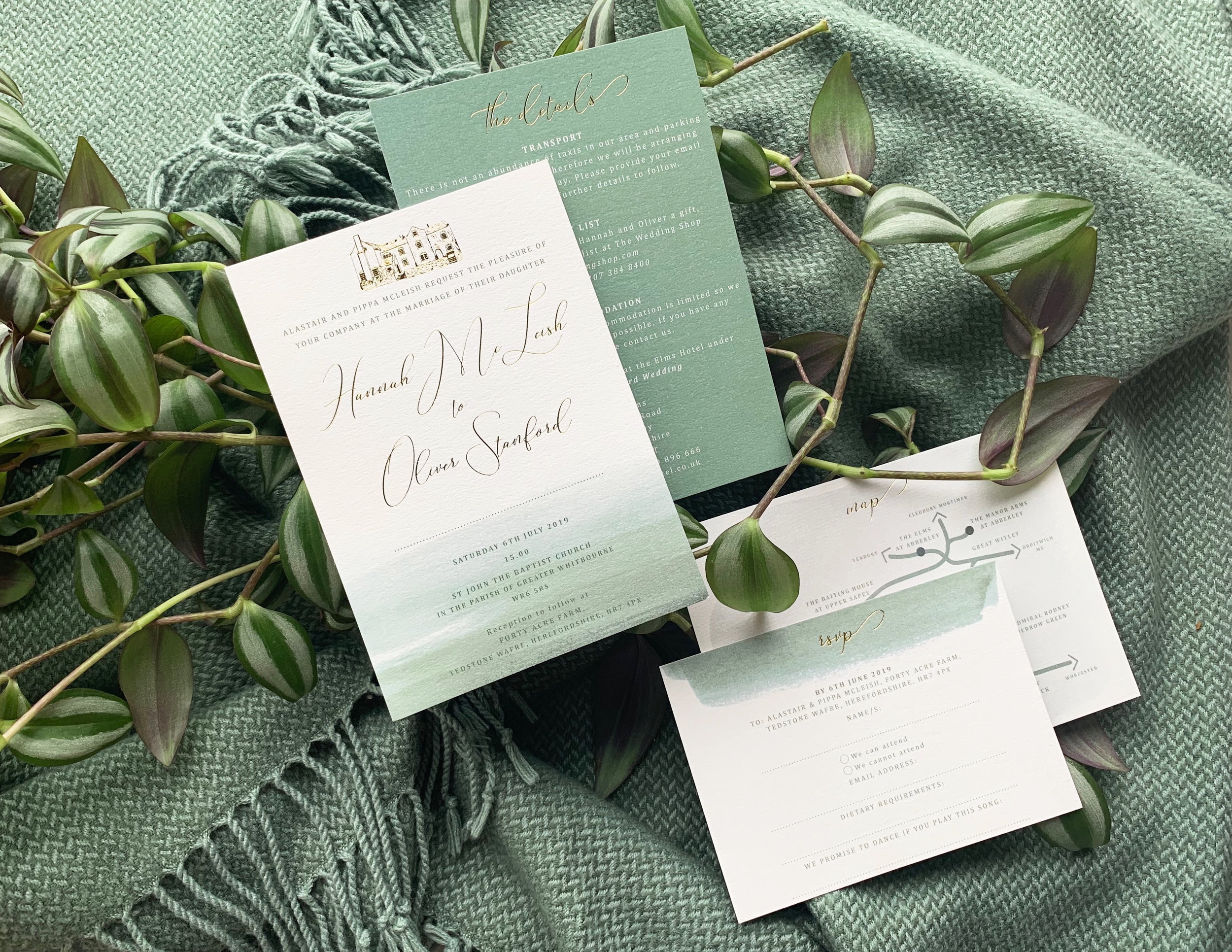 Green Watercolour wash with Gold Foiling Wedding invitations