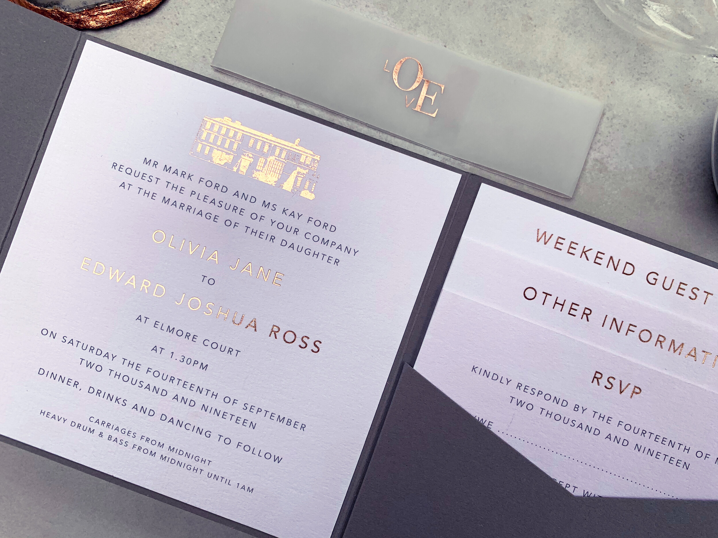 Retro Press Rose Gold foiled Grey and blush Wedding Invitations close up