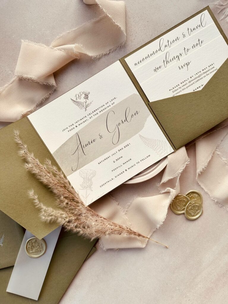 Sage green Pocketfold wedding invitation by Retro Press