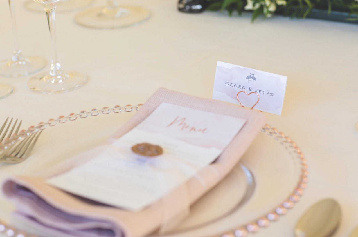 Flamingo Blush Menu with Wax Stamp and Place Name